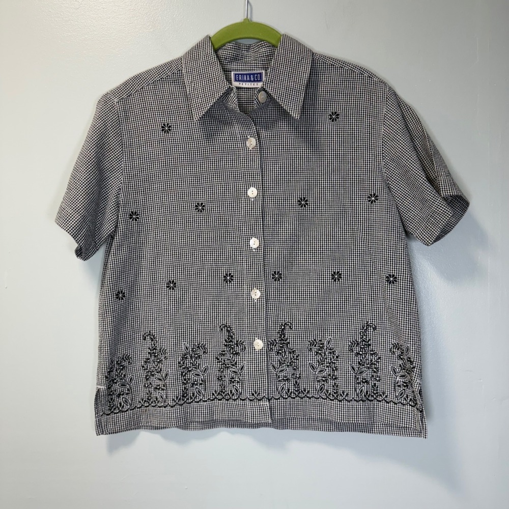 Erika & Co Petites Black Gingham Embroidered Cotton Button Up Top PS Cottagecore